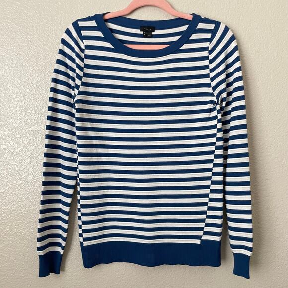 Theory Sweater Womens Small White Blue Striped Crewneck Cotton Knit Preppy - Picture 3 of 11